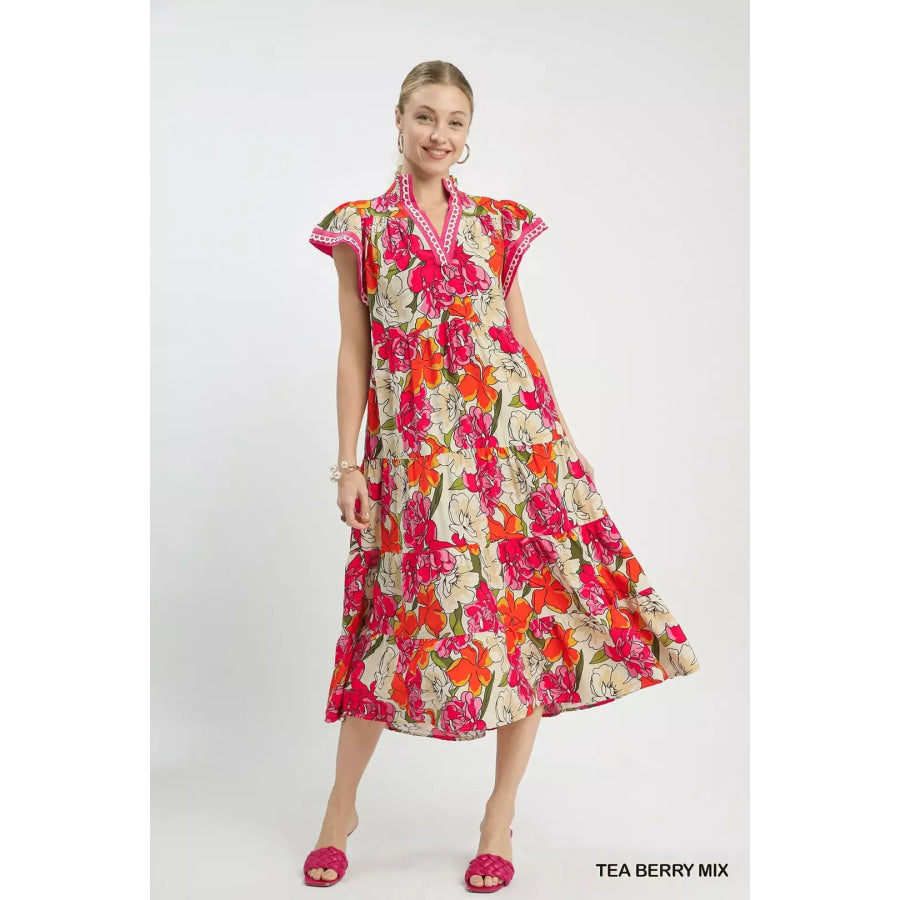 Umgee Mix Bold Floral Tiered Midi Dress Apparel and Accessories