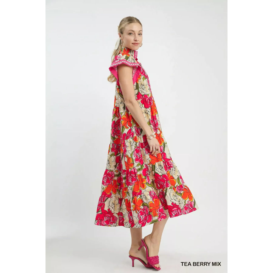 Umgee Mix Bold Floral Tiered Midi Dress Apparel and Accessories