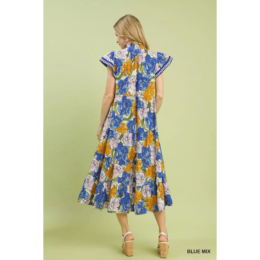 Umgee Mix Bold Floral Tiered Midi Dress Apparel and Accessories