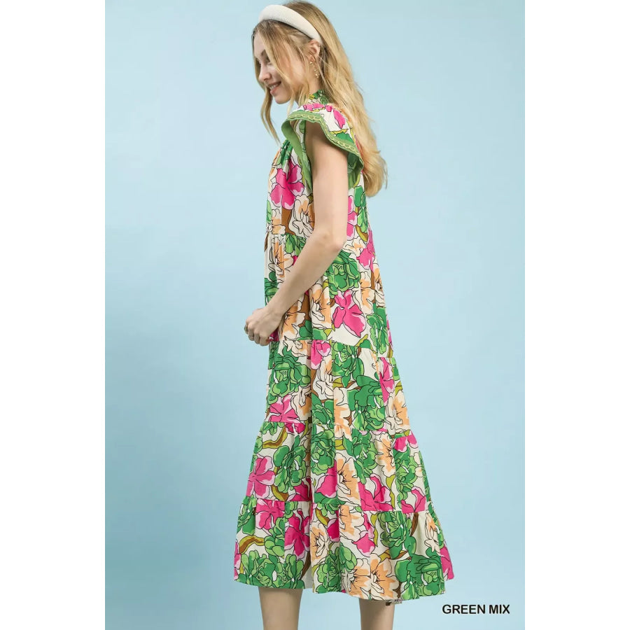 Umgee Mix Bold Floral Tiered Midi Dress Apparel and Accessories