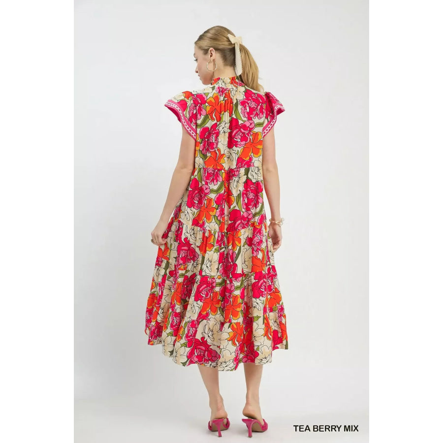 Umgee Mix Bold Floral Tiered Midi Dress Apparel and Accessories