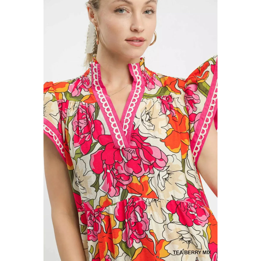 Umgee Mix Bold Floral Tiered Midi Dress Apparel and Accessories