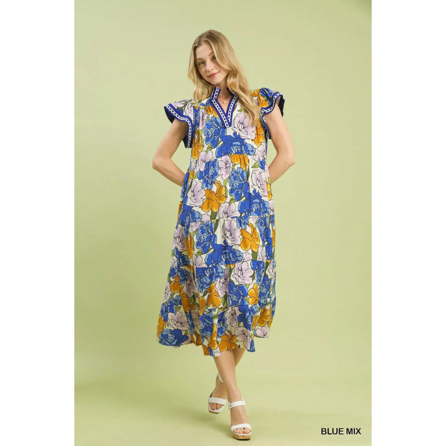 Umgee Mix Bold Floral Tiered Midi Dress Apparel and Accessories
