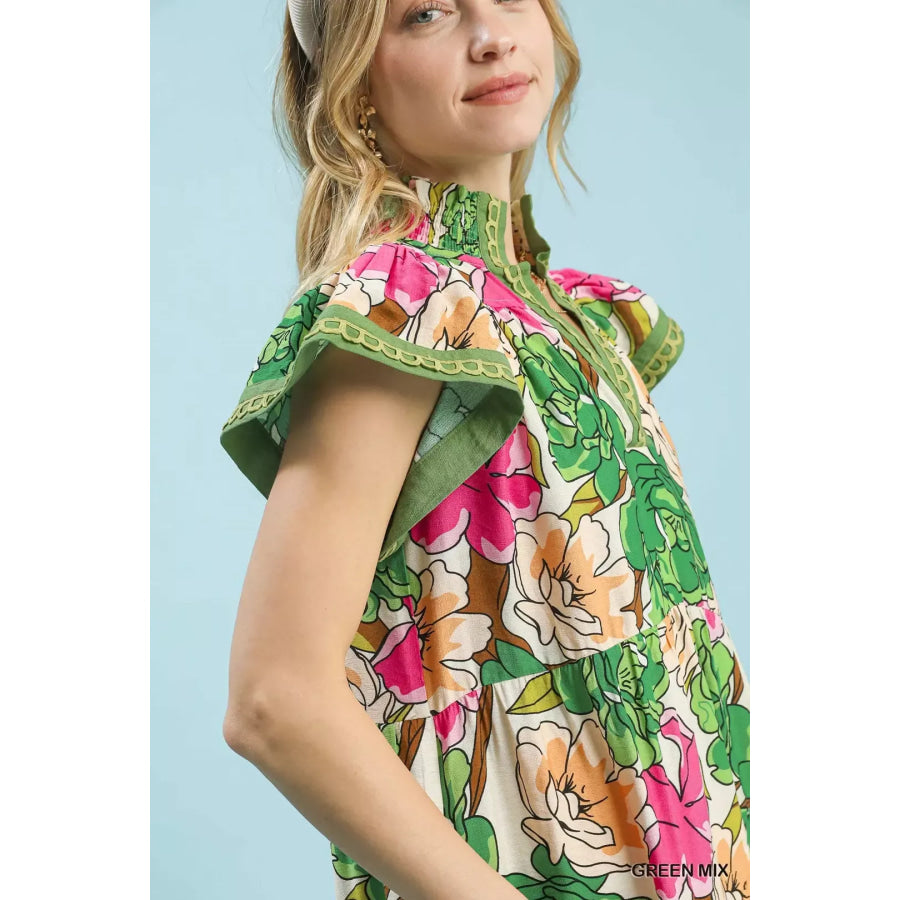 Umgee Mix Bold Floral Tiered Midi Dress Apparel and Accessories