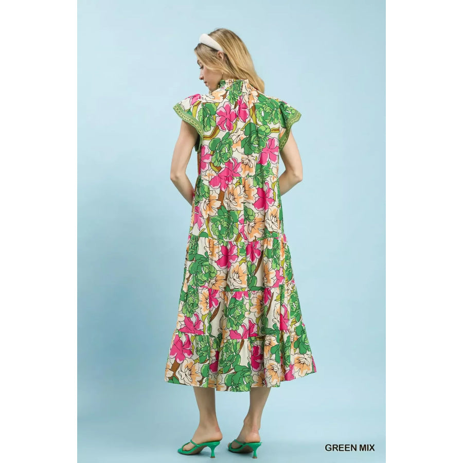 Umgee Mix Bold Floral Tiered Midi Dress Apparel and Accessories