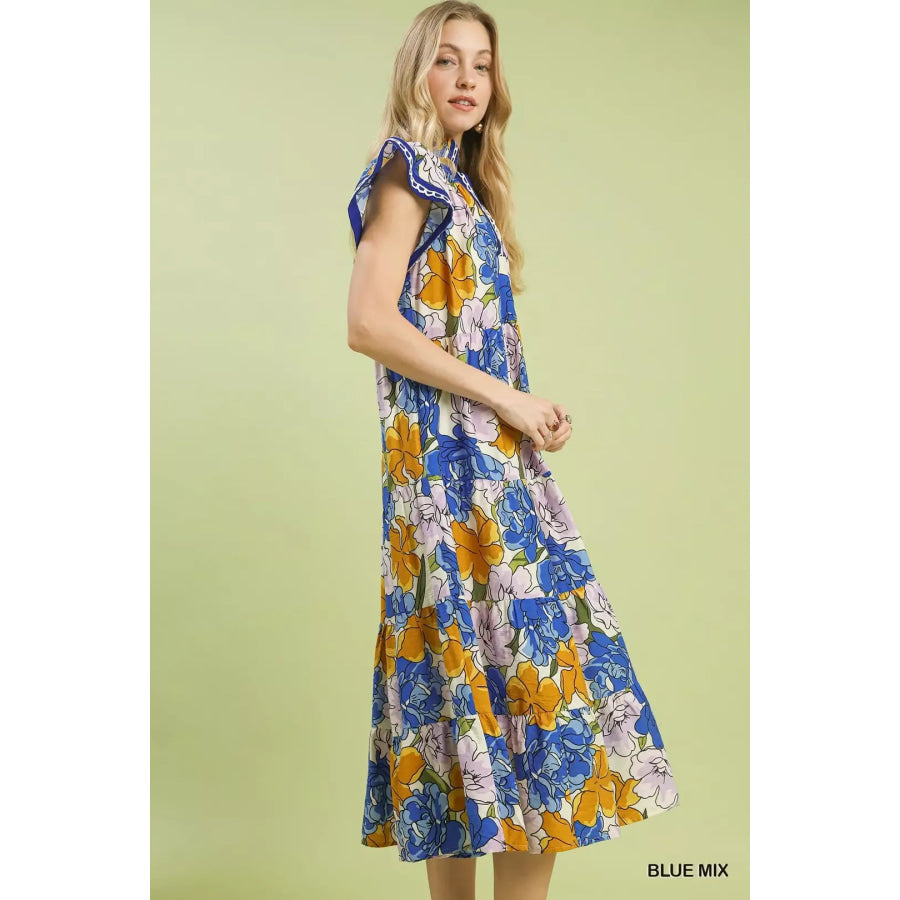 Umgee Mix Bold Floral Tiered Midi Dress Apparel and Accessories