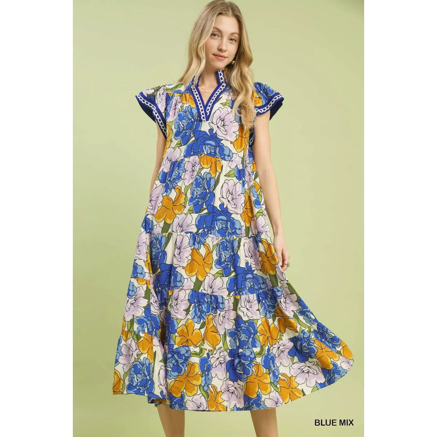 Umgee Mix Bold Floral Tiered Midi Dress BLUE MIX / S Apparel and Accessories