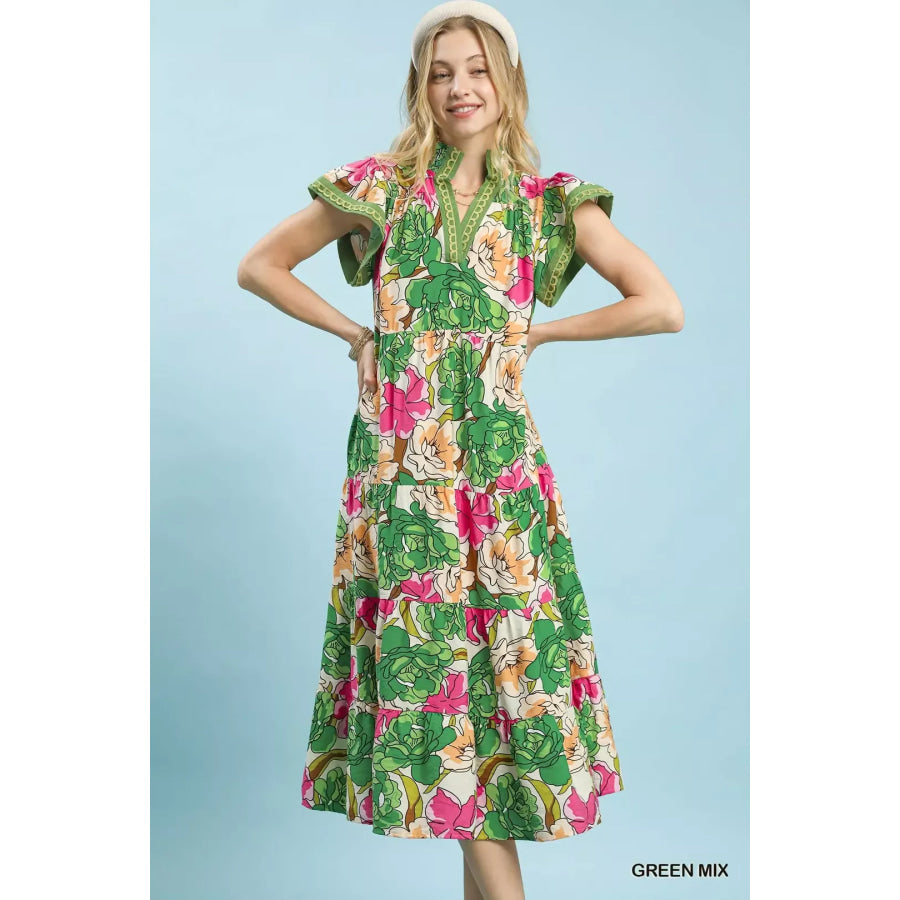 Umgee Mix Bold Floral Tiered Midi Dress GREEN MIX / S Apparel and Accessories