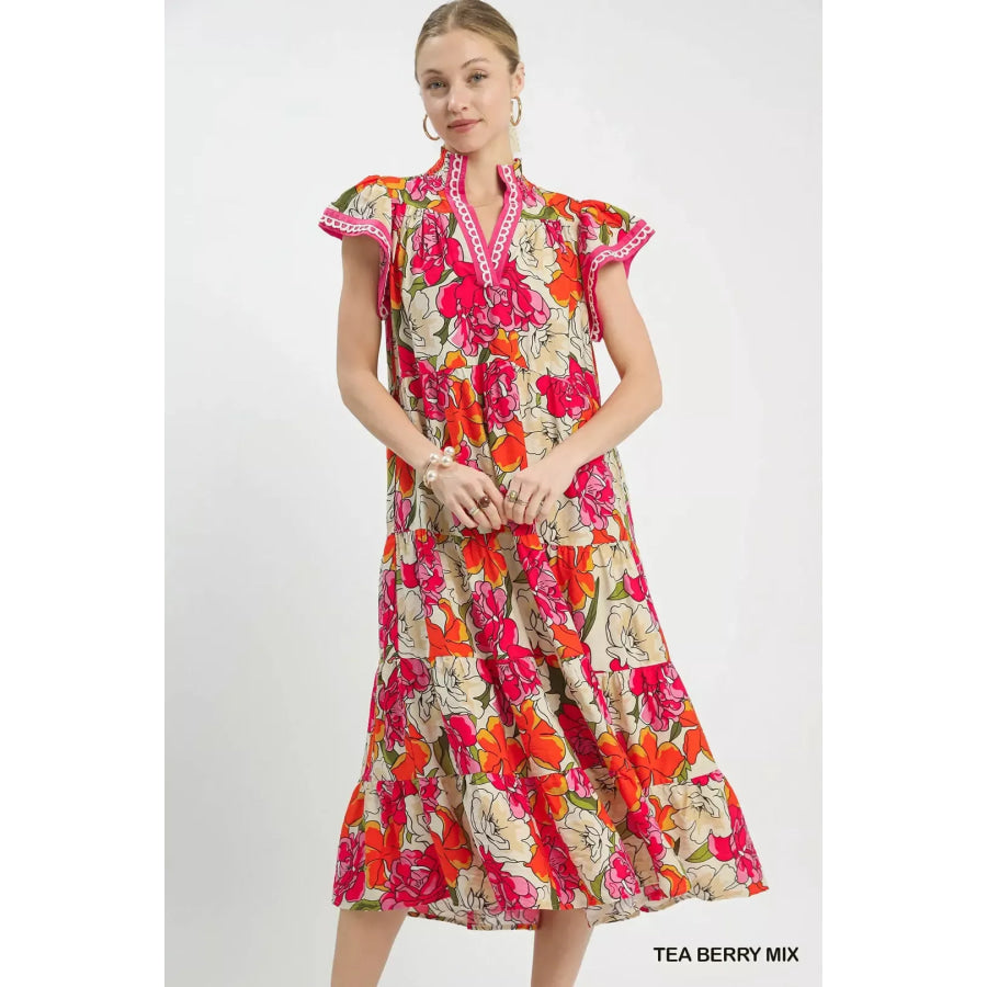 Umgee Mix Bold Floral Tiered Midi Dress TEA BERRY MIX / S Apparel and Accessories