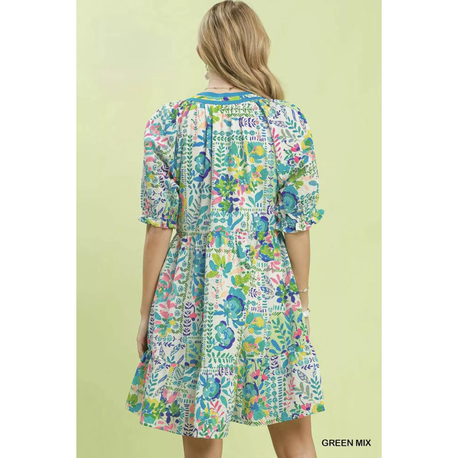 Umgee Mix Botanical Print Puff Sleeve Tiered Dress Apparel and Accessories