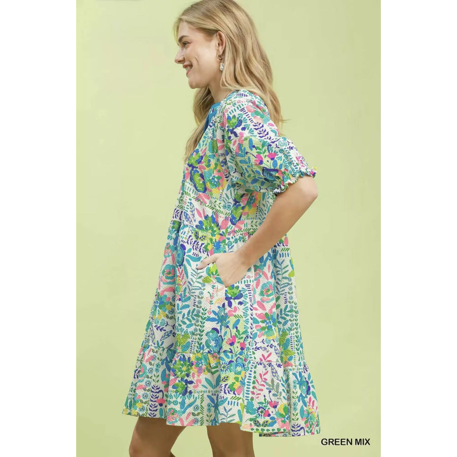 Umgee Mix Botanical Print Puff Sleeve Tiered Dress GREEN MIX / S Apparel and Accessories