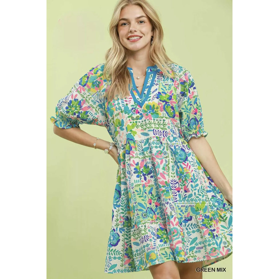 Umgee Mix Botanical Print Puff Sleeve Tiered Dress GREEN MIX / S Apparel and Accessories