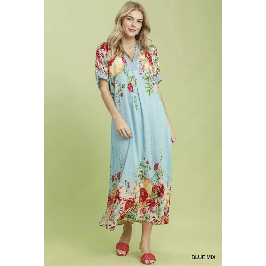 Umgee Mix Floral Border Print Midi Dress BLUE MIX / S Apparel and Accessories