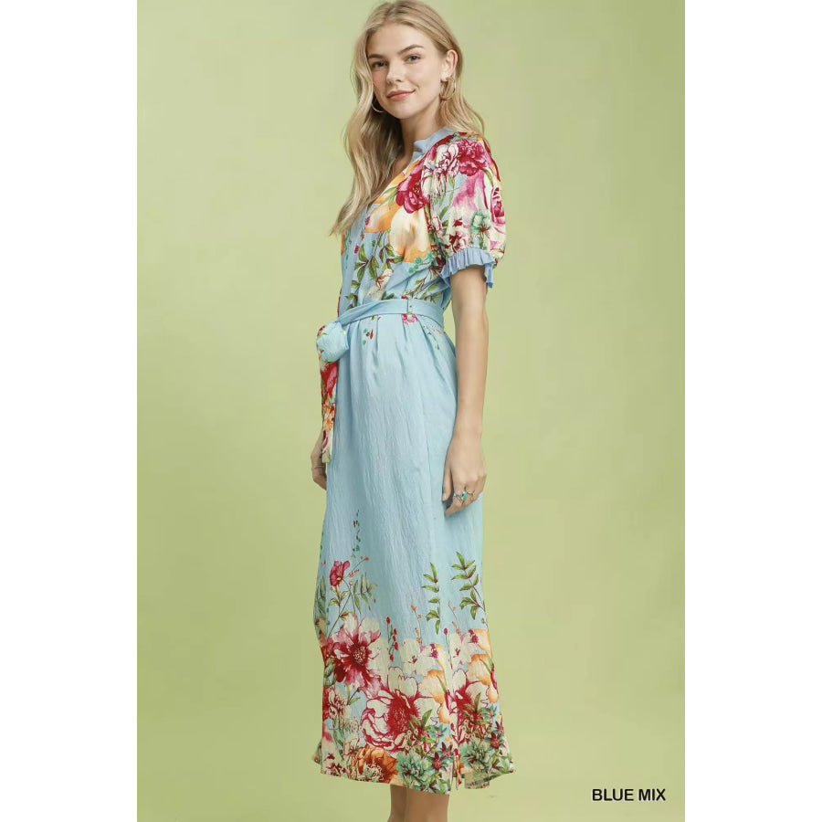 Umgee Mix Floral Border Print Midi Dress Apparel and Accessories