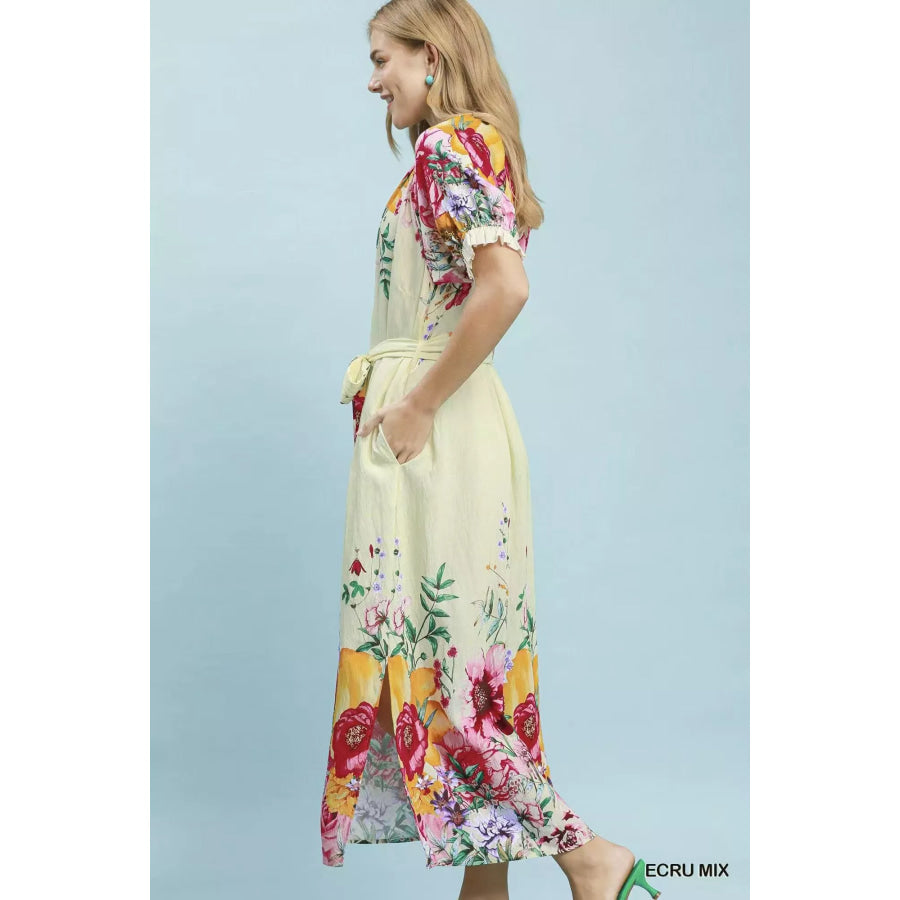 Umgee Mix Floral Border Print Midi Dress Apparel and Accessories