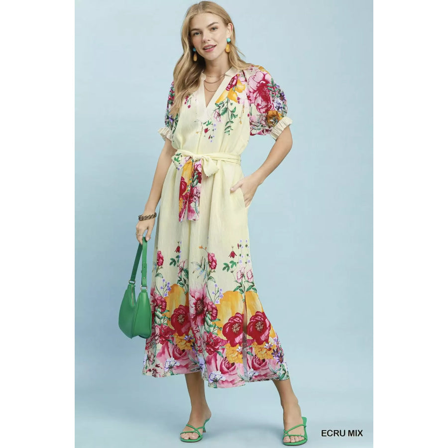 Umgee Mix Floral Border Print Midi Dress ECRU MIX / S Apparel and Accessories