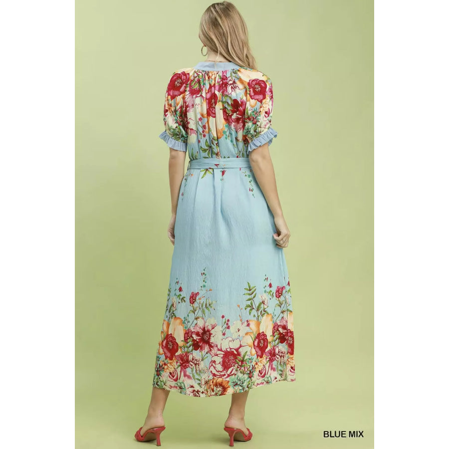 Umgee Mix Floral Border Print Midi Dress Apparel and Accessories
