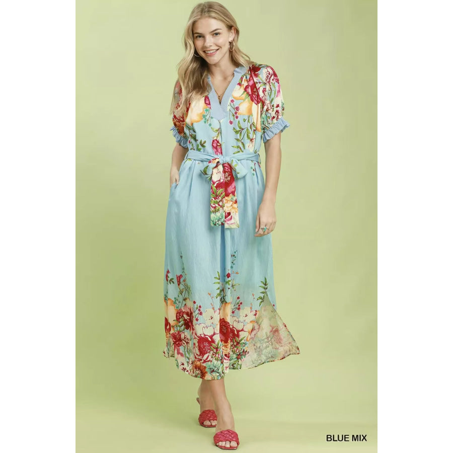 Umgee Mix Floral Border Print Midi Dress Apparel and Accessories