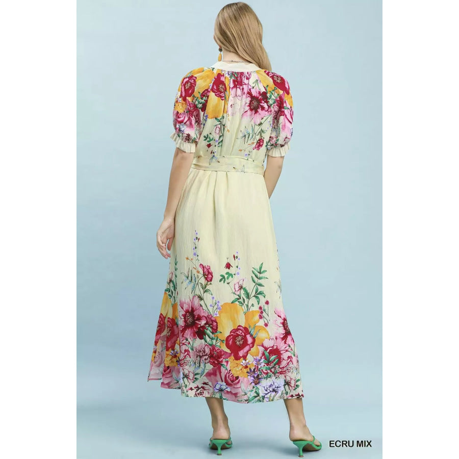 Umgee Mix Floral Border Print Midi Dress Apparel and Accessories