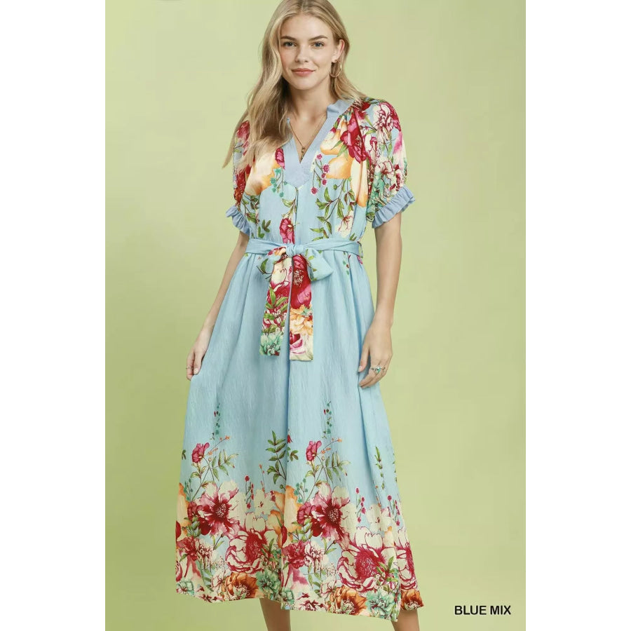 Umgee Mix Floral Border Print Midi Dress BLUE MIX / S Apparel and Accessories