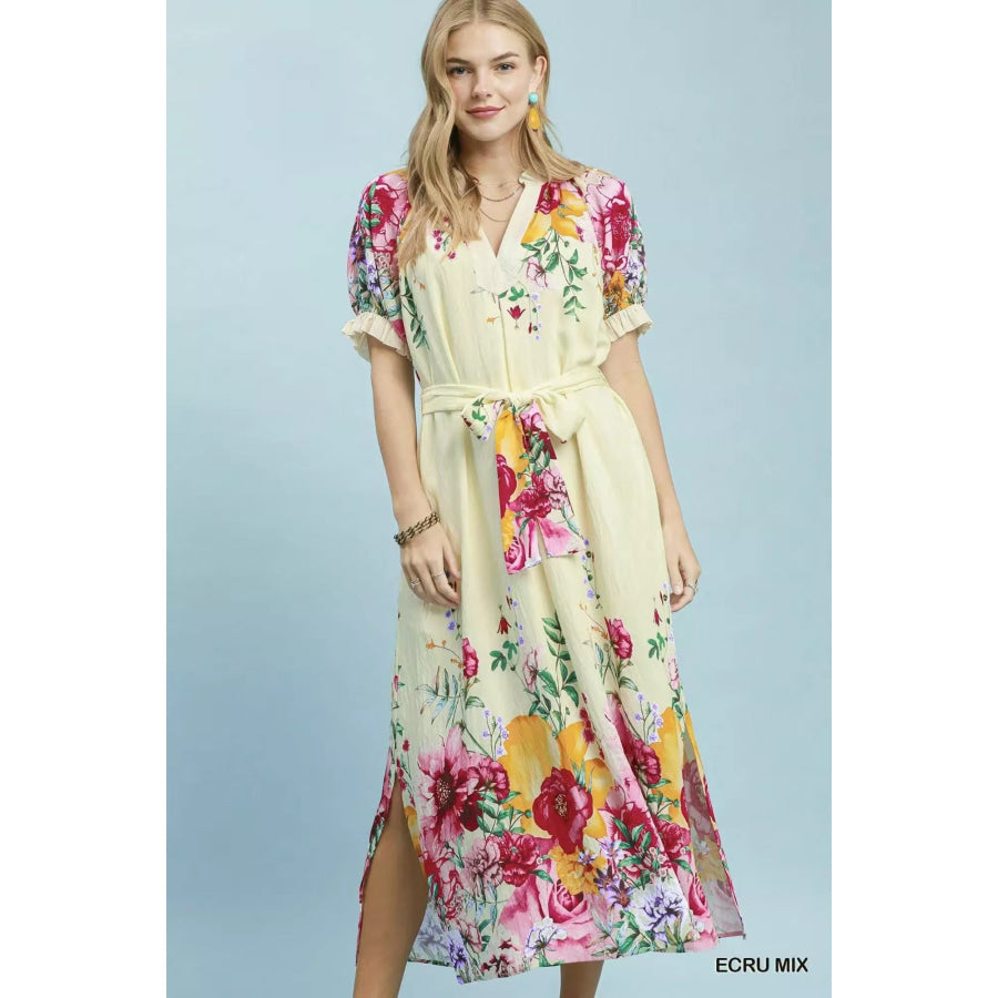 Umgee Mix Floral Border Print Midi Dress ECRU MIX / S Apparel and Accessories
