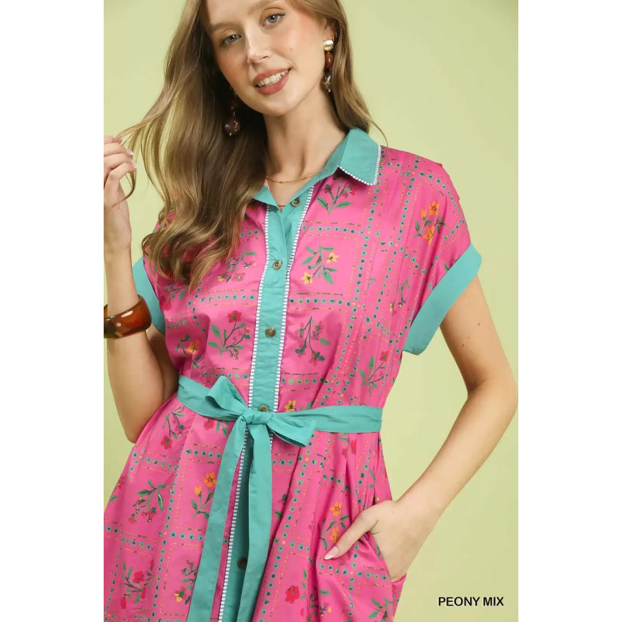 Umgee Mix Floral Button-Front Midi Dress Apparel and Accessories