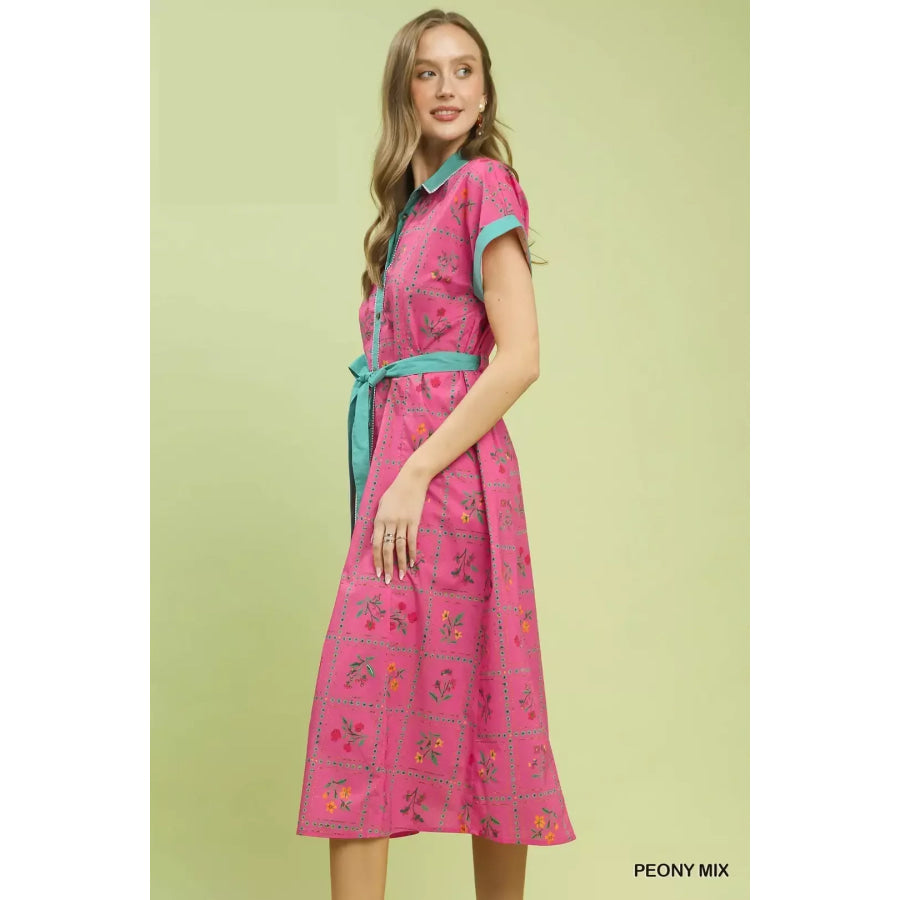 Umgee Mix Floral Button-Front Midi Dress Apparel and Accessories