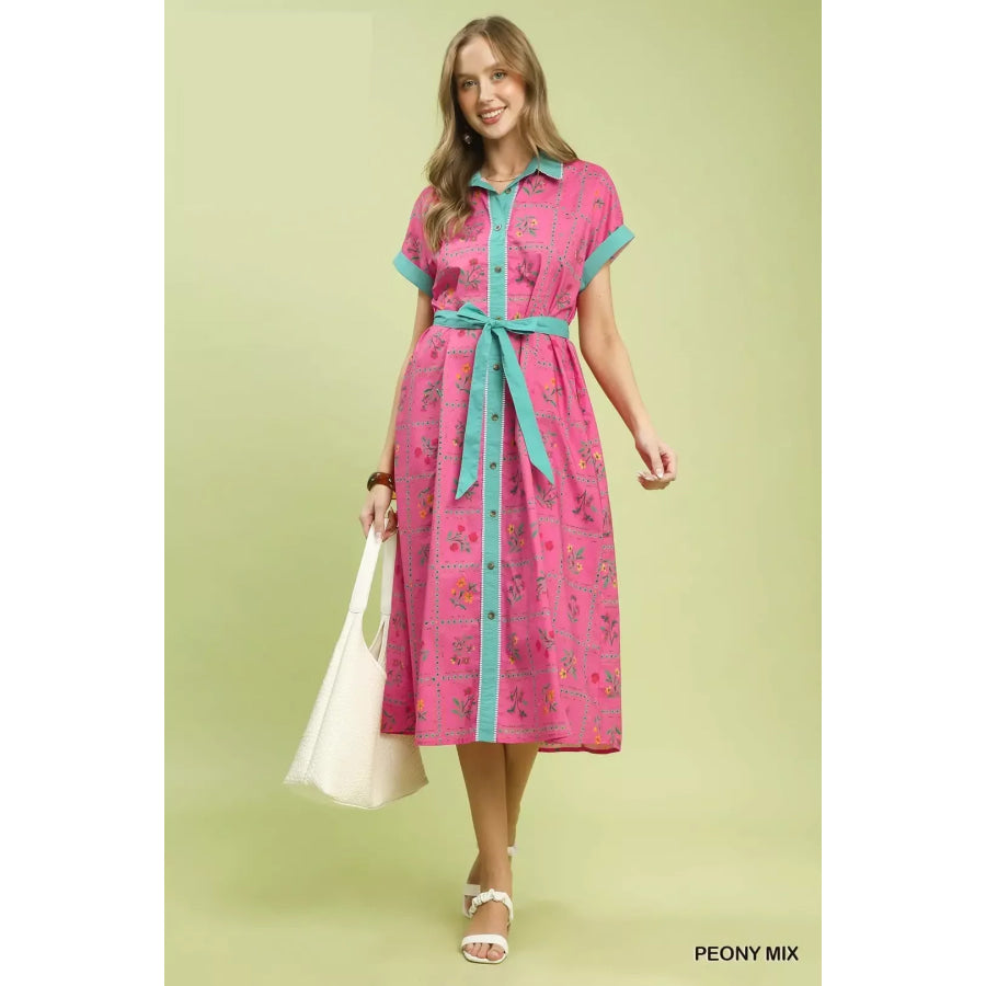 Umgee Mix Floral Button-Front Midi Dress Apparel and Accessories