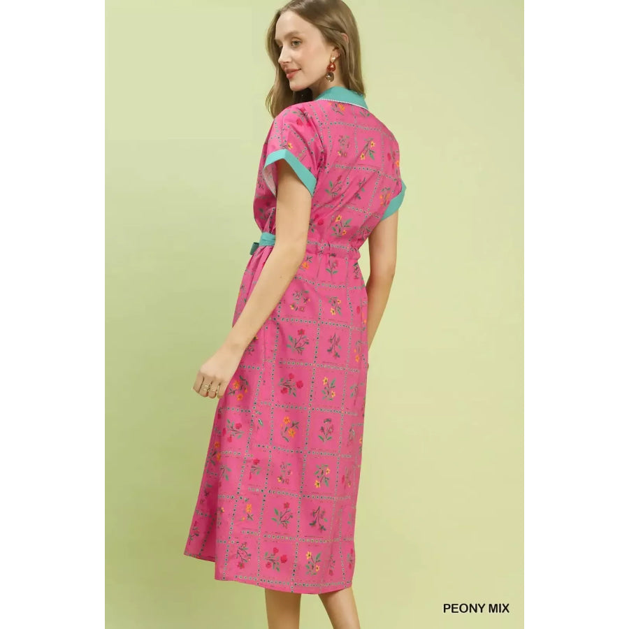 Umgee Mix Floral Button-Front Midi Dress Apparel and Accessories