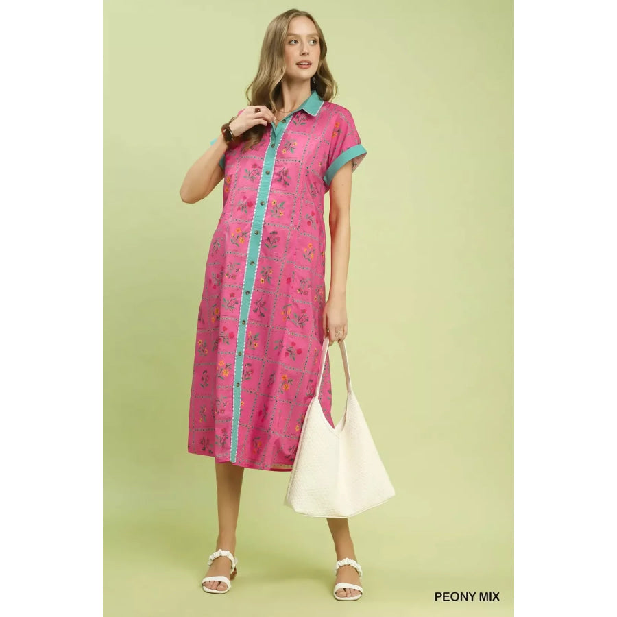 Umgee Mix Floral Button-Front Midi Dress Apparel and Accessories