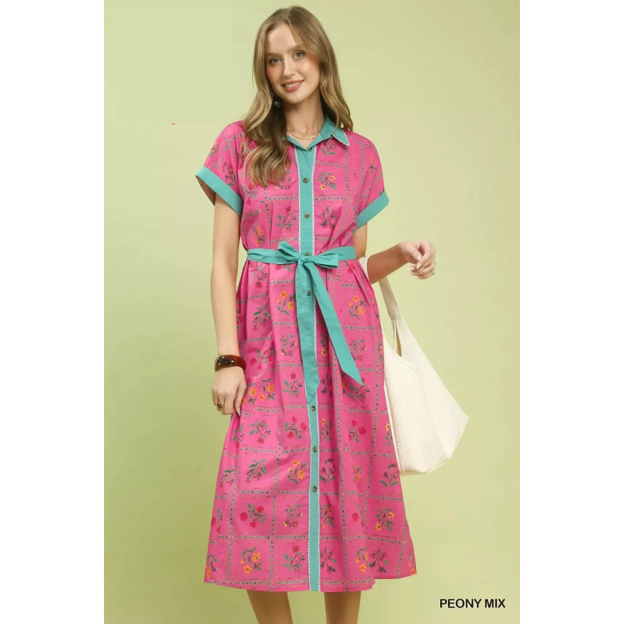 Umgee Mix Floral Button-Front Midi Dress PEONY MIX / S Apparel and Accessories