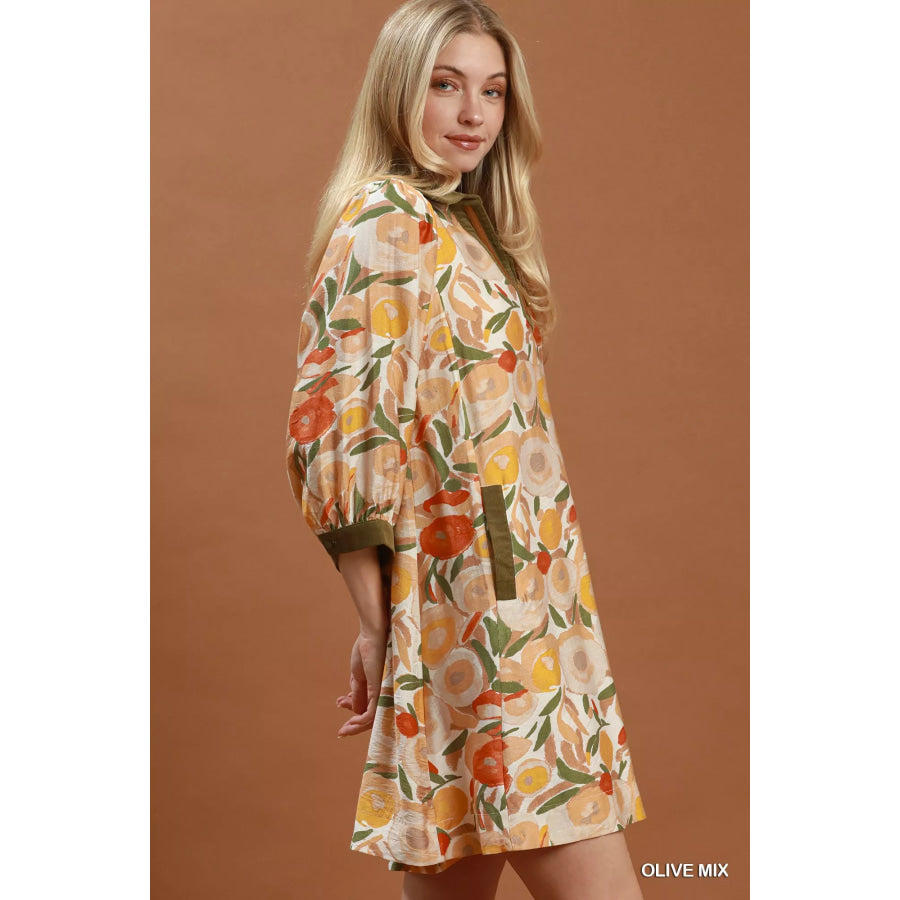 Umgee Mix Floral Contrast Trim Shift Mini Dress Apparel and Accessories