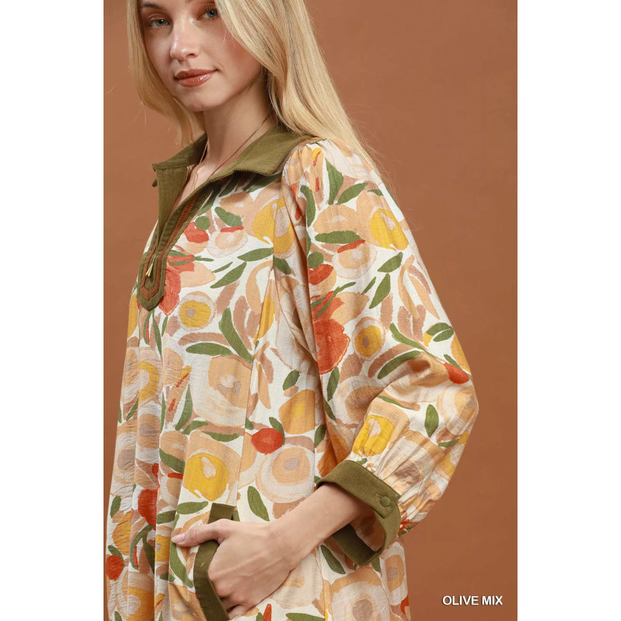 Umgee Mix Floral Contrast Trim Shift Mini Dress Apparel and Accessories