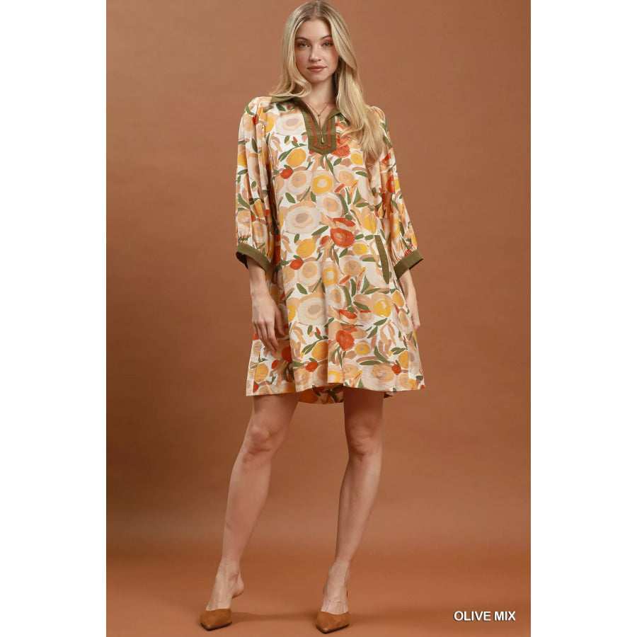 Umgee Mix Floral Contrast Trim Shift Mini Dress Apparel and Accessories