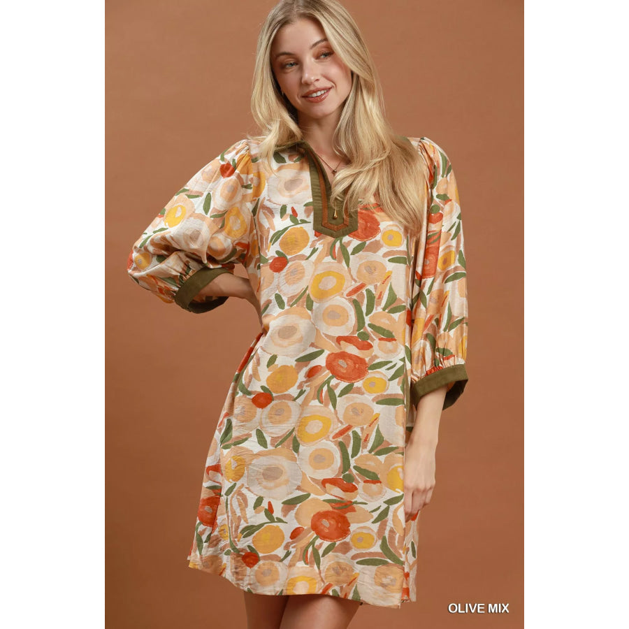 Umgee Mix Floral Contrast Trim Shift Mini Dress OLIVE MIX / S Apparel and Accessories