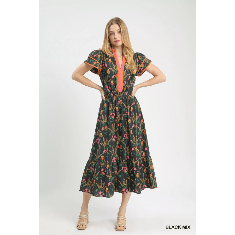 Umgee Mix Floral Midi Dress Apparel and Accessories