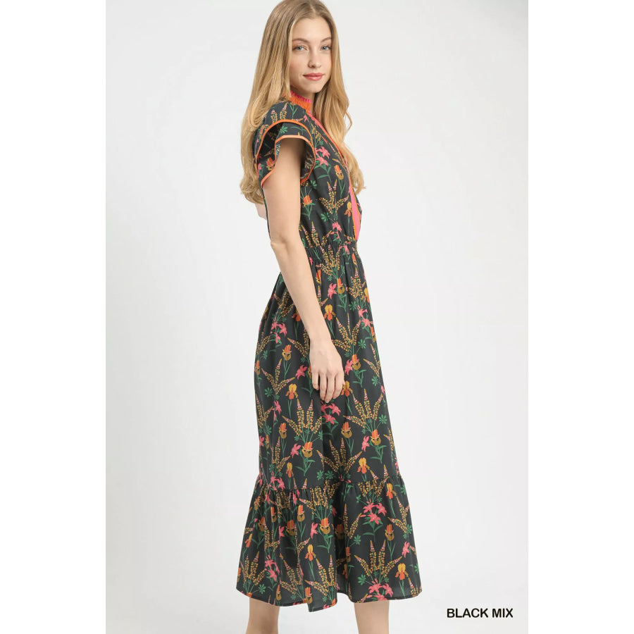 Umgee Mix Floral Midi Dress BLACK MIX / S Apparel and Accessories