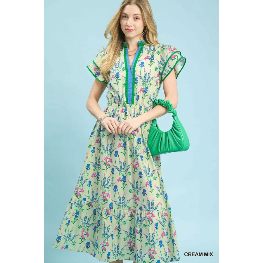 Umgee Mix Floral Midi Dress CREAM MIX / S Apparel and Accessories