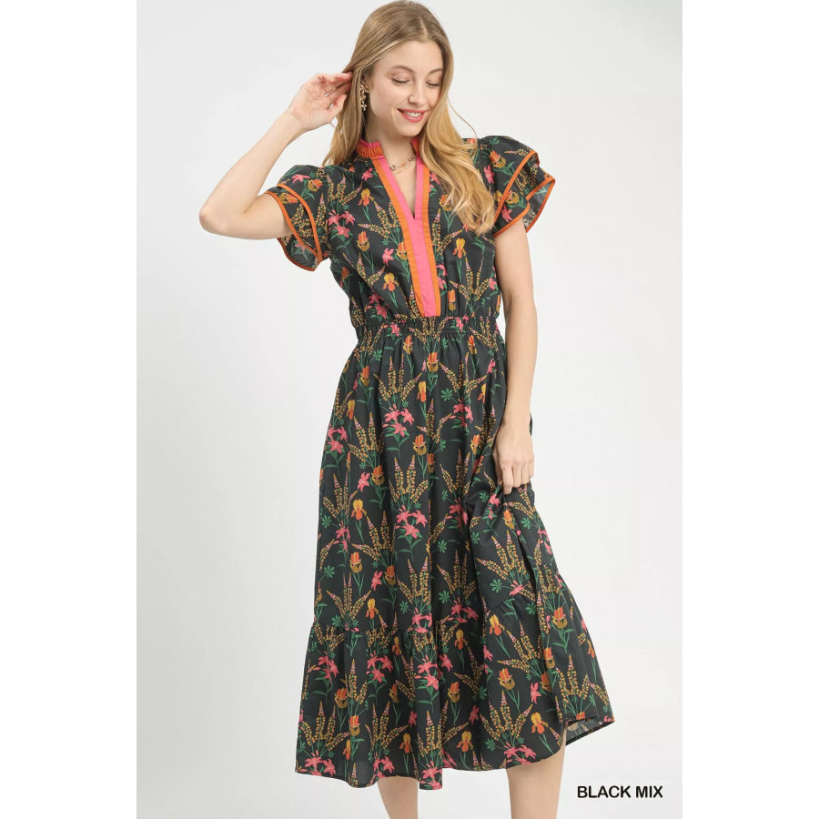 Umgee Mix Floral Midi Dress BLACK MIX / S Apparel and Accessories
