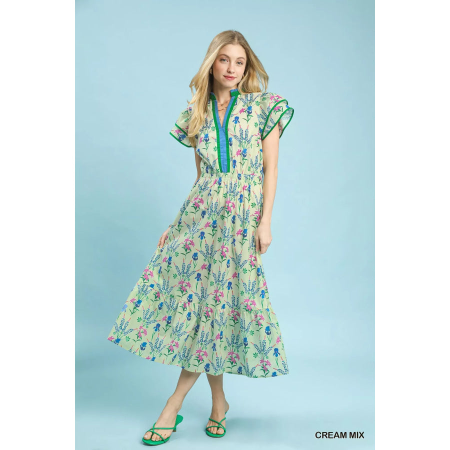 Umgee Mix Floral Midi Dress CREAM MIX / S Apparel and Accessories