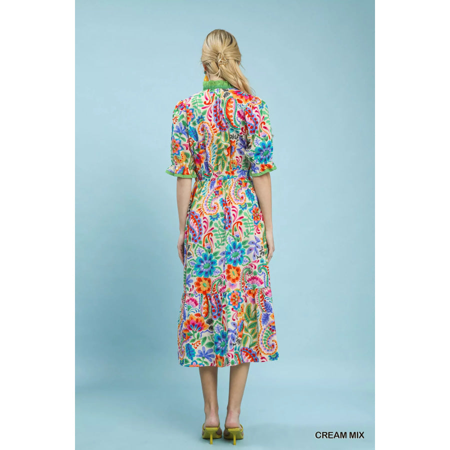 Umgee Mix Floral Midi Dress with Ruffle Trim Apparel and Accessories