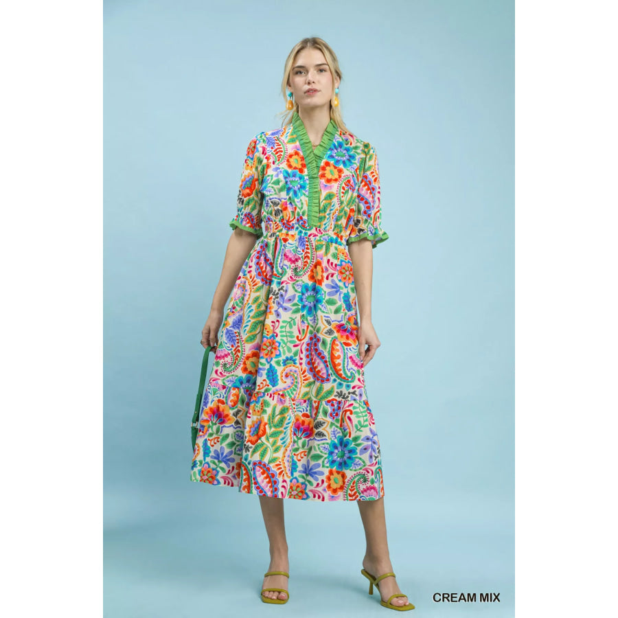 Umgee Mix Floral Midi Dress with Ruffle Trim Apparel and Accessories