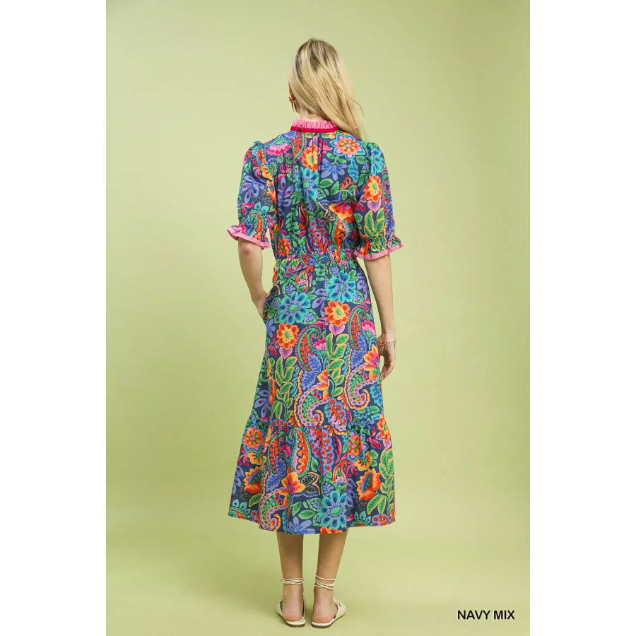 Umgee Mix Floral Midi Dress with Ruffle Trim Apparel and Accessories