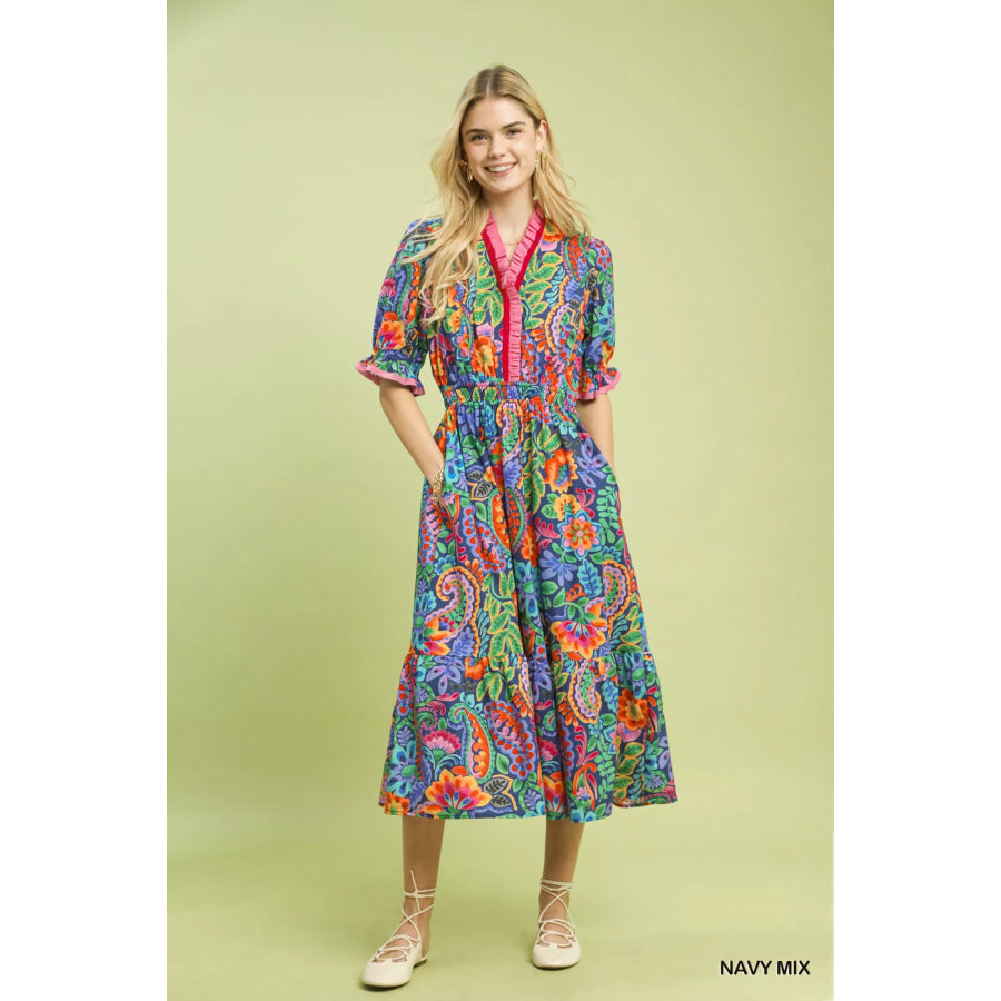 Umgee Mix Floral Midi Dress with Ruffle Trim Apparel and Accessories