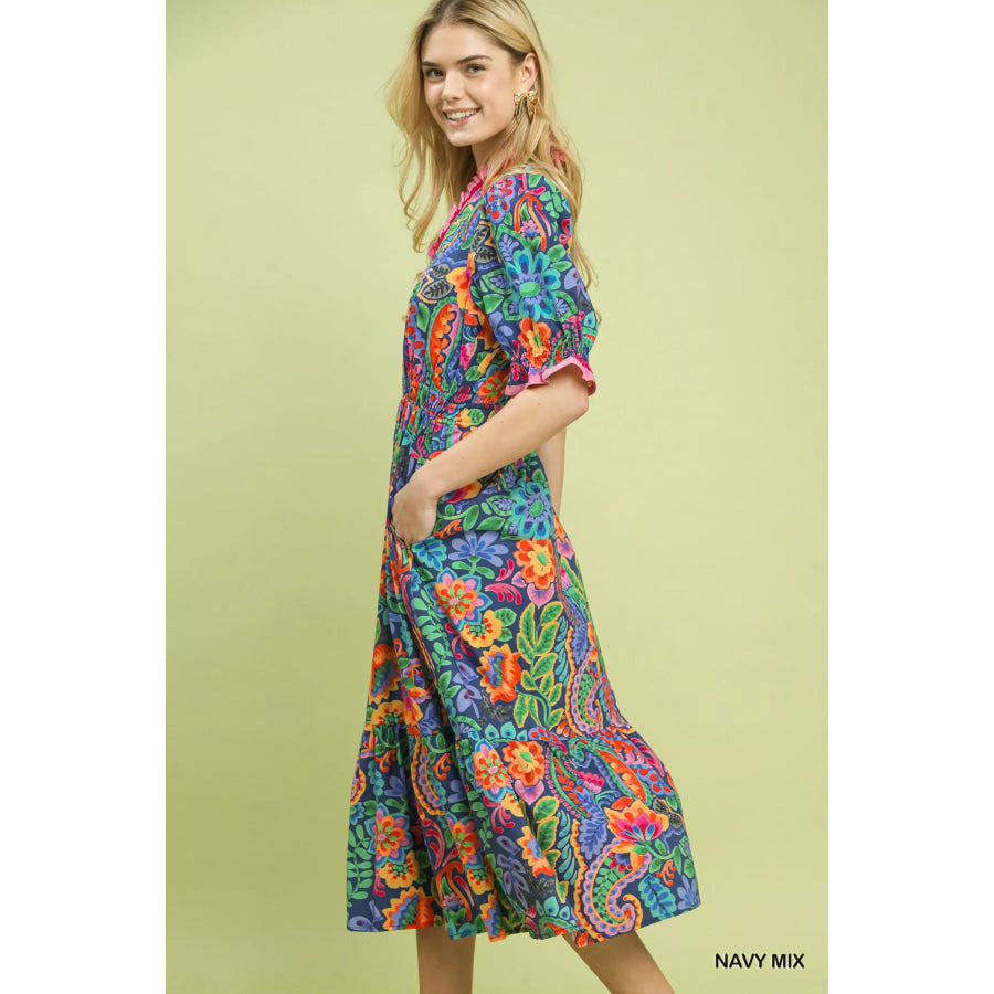 Umgee Mix Floral Midi Dress with Ruffle Trim NAVY MIX / S Apparel and Accessories