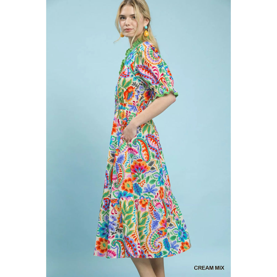Umgee Mix Floral Midi Dress with Ruffle Trim Apparel and Accessories