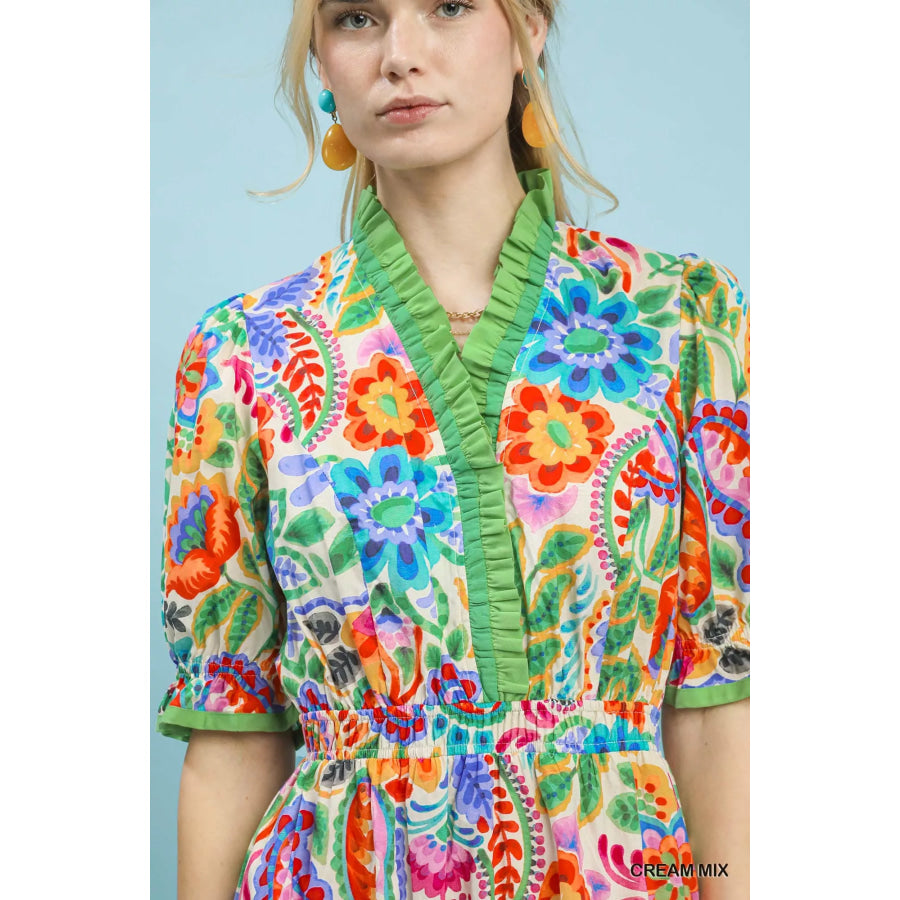 Umgee Mix Floral Midi Dress with Ruffle Trim Apparel and Accessories