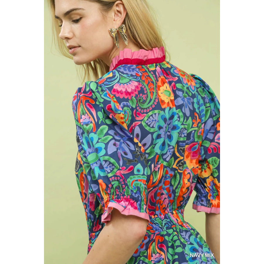 Umgee Mix Floral Midi Dress with Ruffle Trim Apparel and Accessories