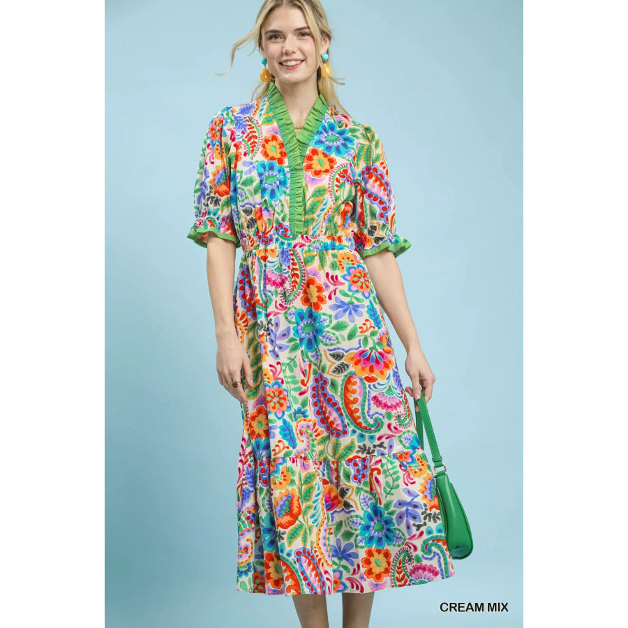 Umgee Mix Floral Midi Dress with Ruffle Trim CREAM MIX / S Apparel and Accessories