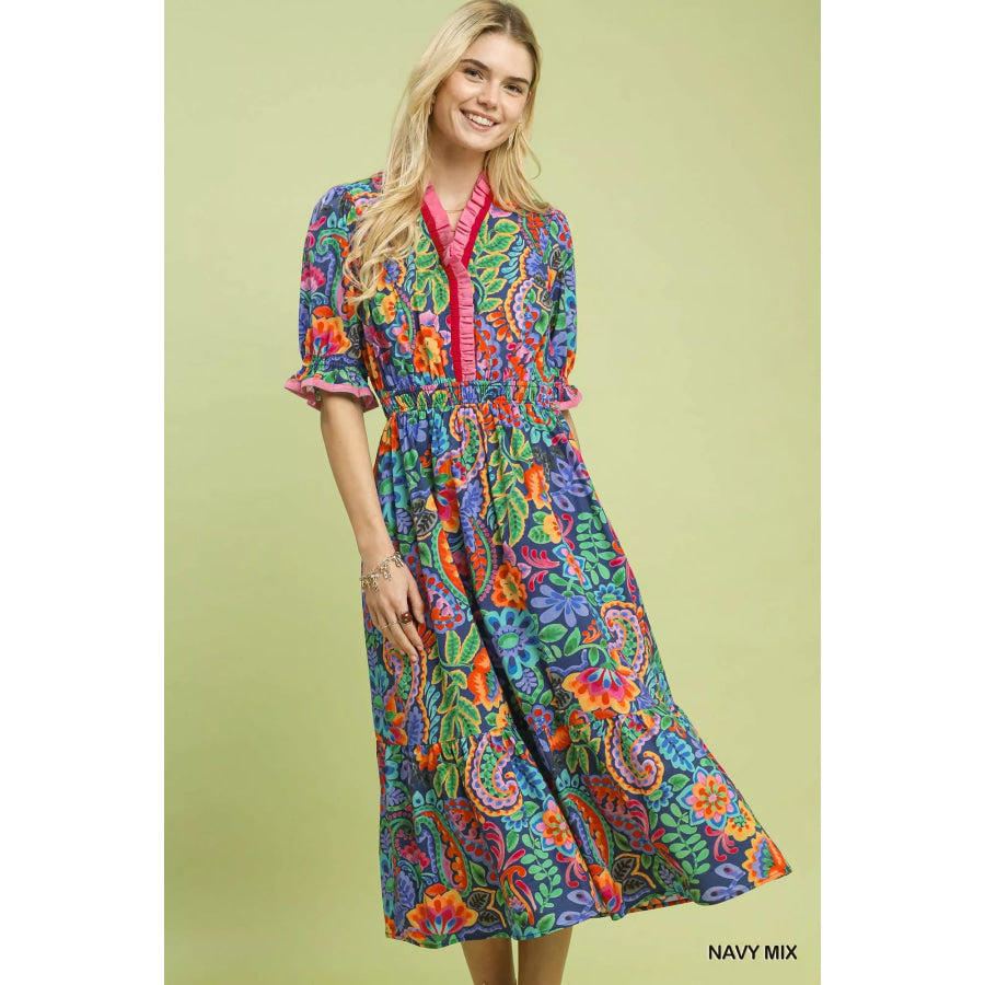 Umgee Mix Floral Midi Dress with Ruffle Trim NAVY MIX / S Apparel and Accessories